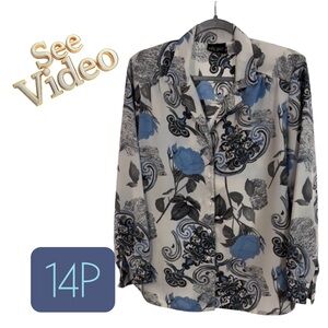 👛 (ANY 2/$25) Vintage RAFIQUE PETITE Blue/Grey Patterned Blouse